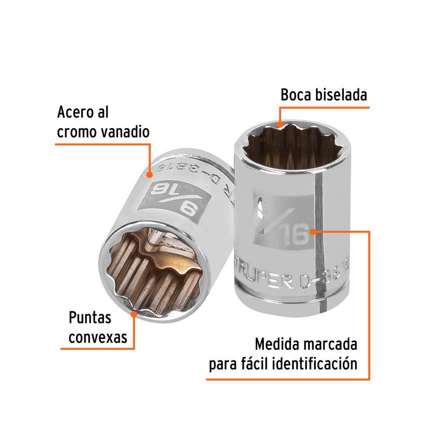 Dado de 9/16', 12 puntas, cuadro 3/8', Truper Caja con 6, 13585