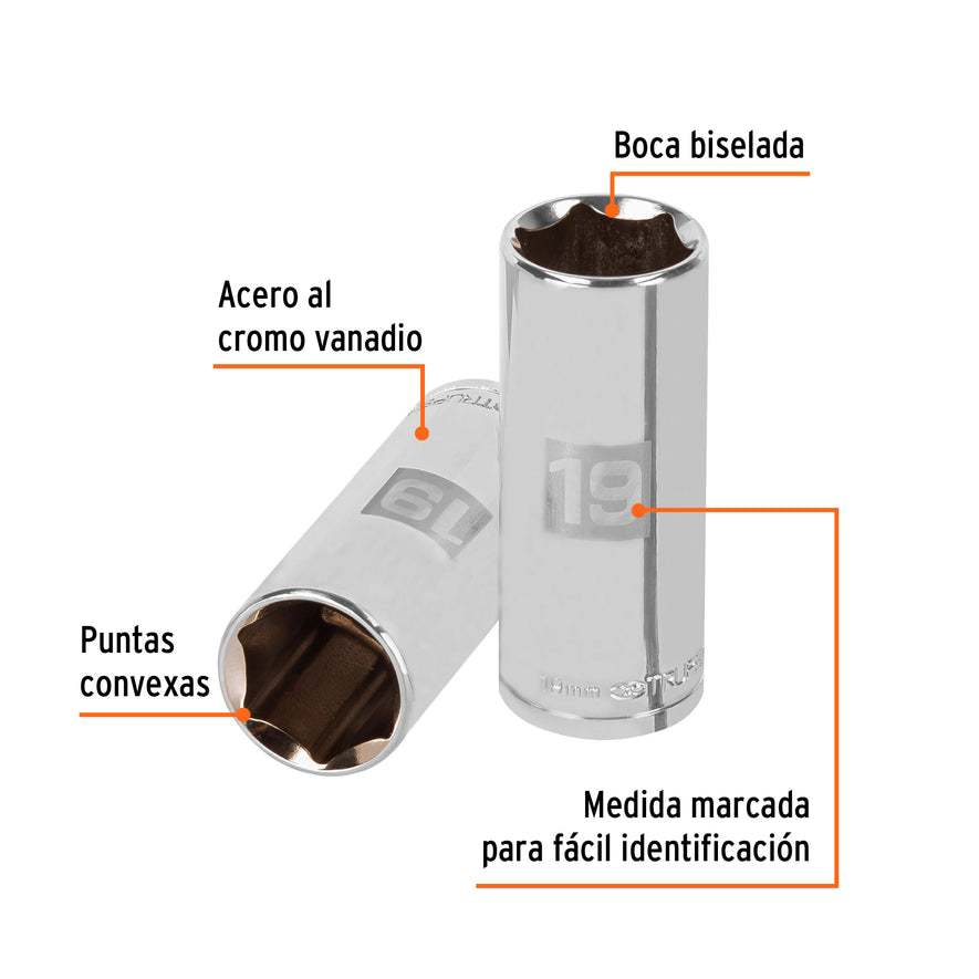 Dado largo de 19 mm, 6 puntas, cuadro 3/8', Truper Caja con 6, 13779