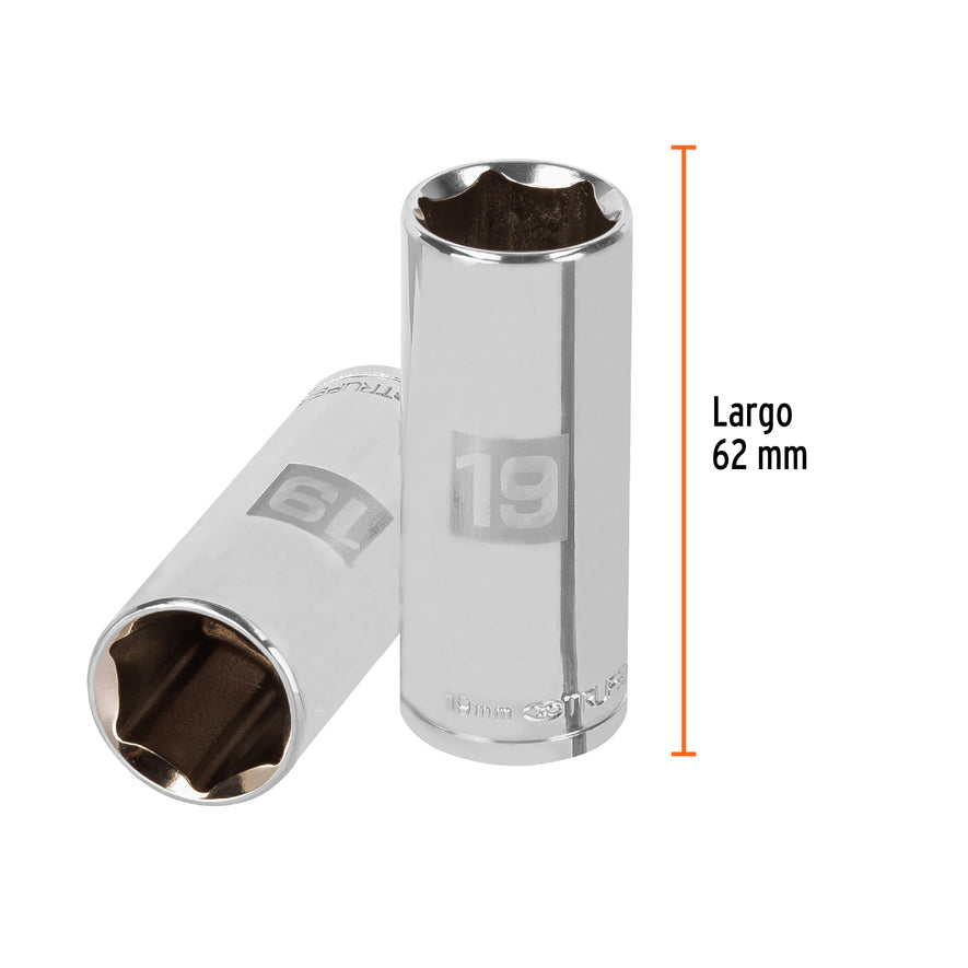 Dado largo de 19 mm, 6 puntas, cuadro 3/8', Truper Caja con 6, 13779