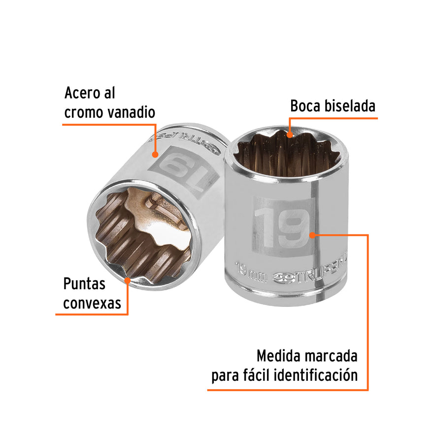 Dado de 19 mm, 12 puntas, cuadro 3/8', Truper Caja con 6, 13639