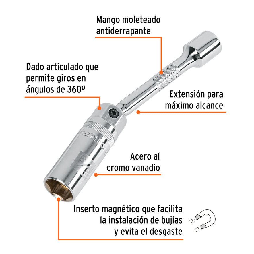Dado p/bujías cuadro 3/8' articulado 5/8', extensión 6' Caja con 6, 16898