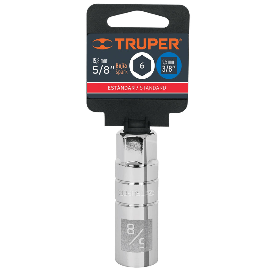 Dado para bujías de 5/8', 6 puntas, cuadro 3/8', Truper Caja con 6, 13655