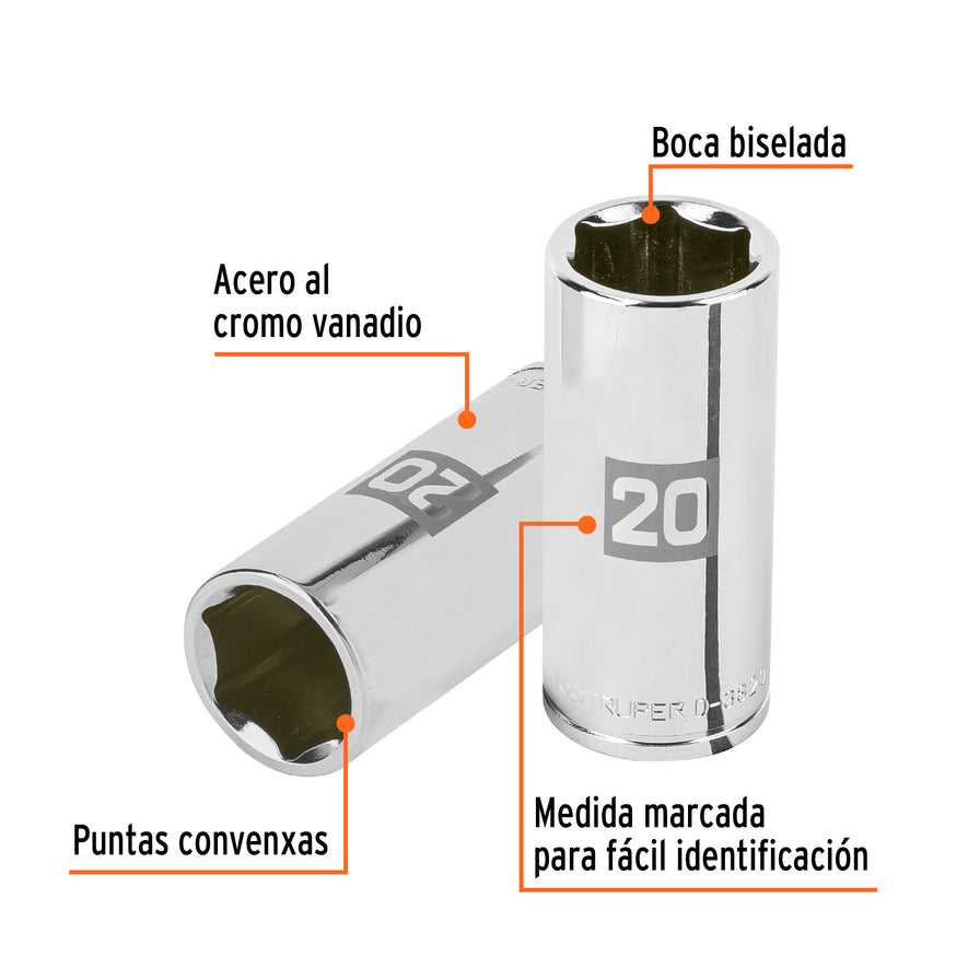 Dado largo de 20 mm, 6 puntas, cuadro 3/8', Truper Caja con 6, 100995