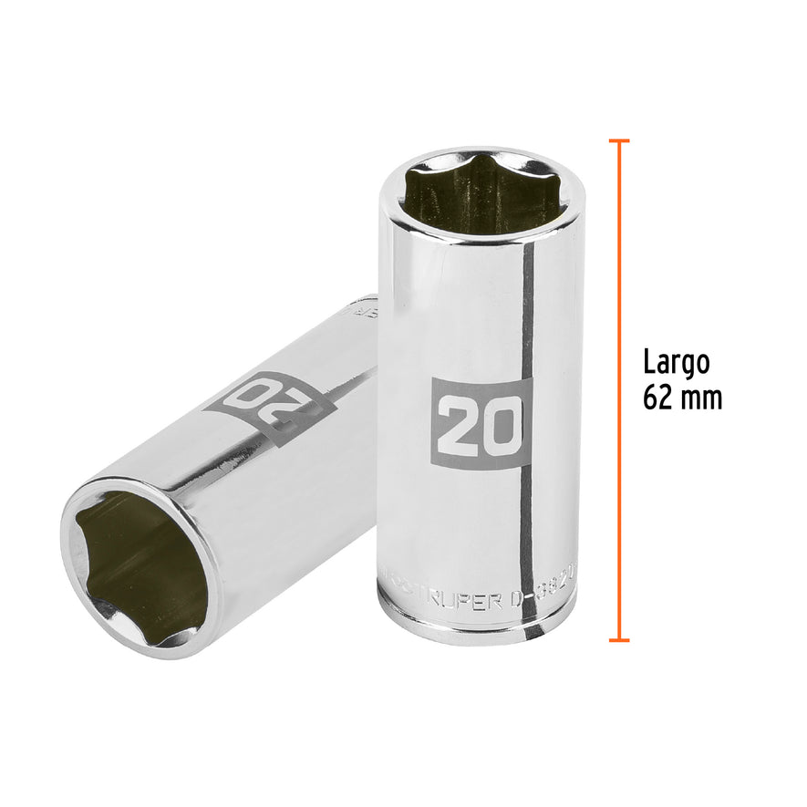 Dado largo de 20 mm, 6 puntas, cuadro 3/8', Truper Caja con 6, 100995