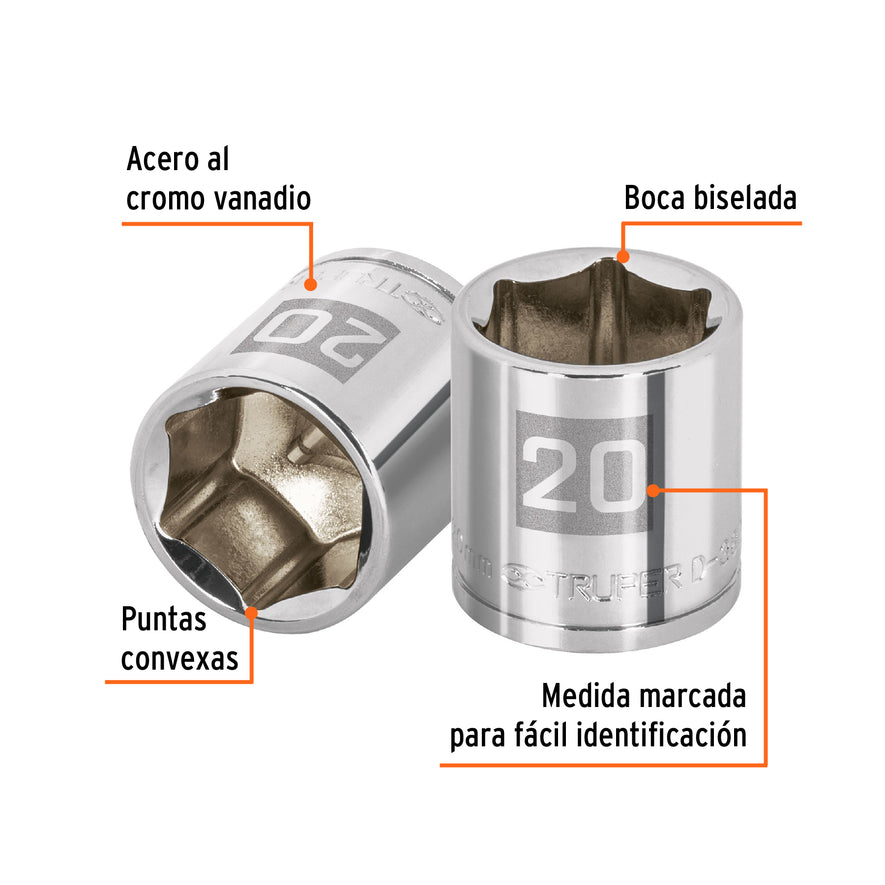 Dado de 20 mm, 6 puntas, cuadro 3/8', Truper Caja con 6, 13684