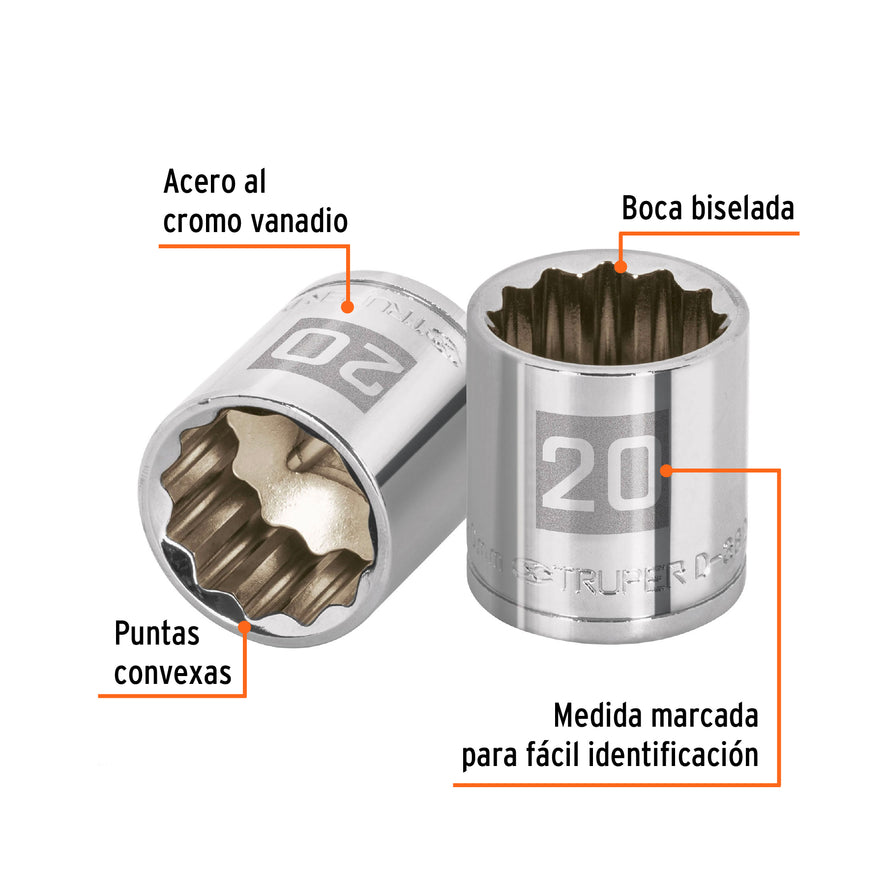 Dado de 20 mm, 12 puntas, cuadro 3/8', Truper Caja con 6, 13640