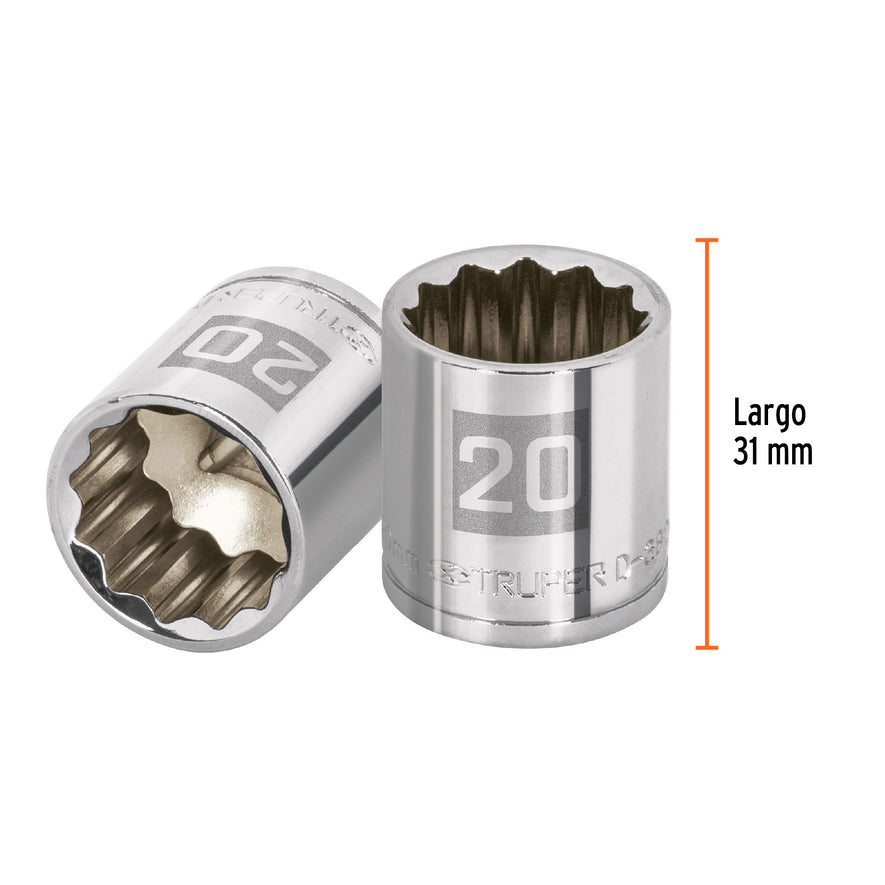 Dado de 20 mm, 12 puntas, cuadro 3/8', Truper Caja con 6, 13640