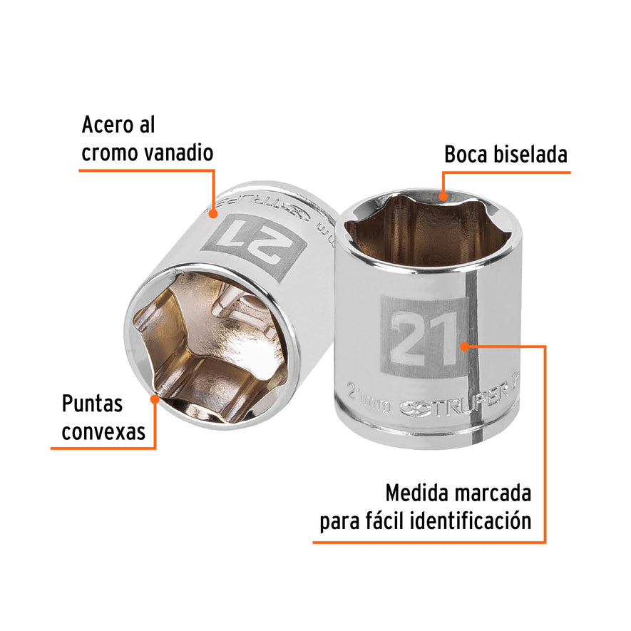 Dado de 21 mm, 6 puntas, cuadro 3/8', Truper Caja con 6, 13685