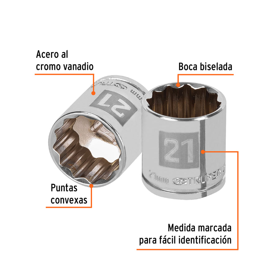 Dado de 21 mm, 12 puntas, cuadro 3/8', Truper Caja con 6, 13641