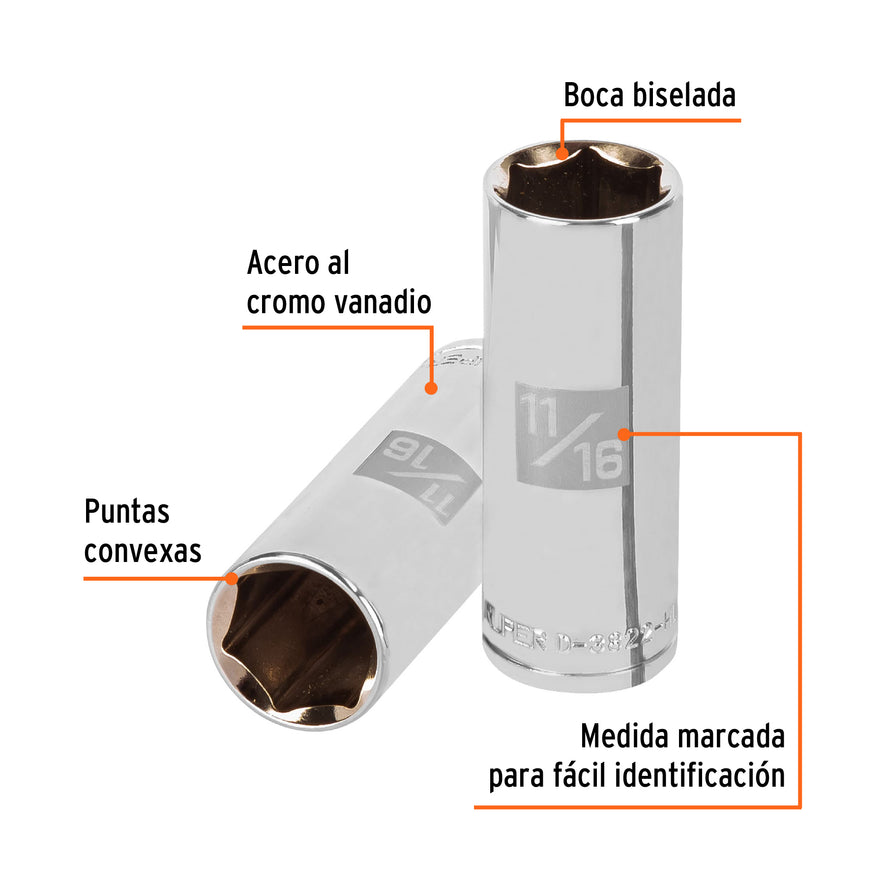 Dado largo de 11/16', 6 puntas, cuadro 3/8', Truper Caja con 6, 13717