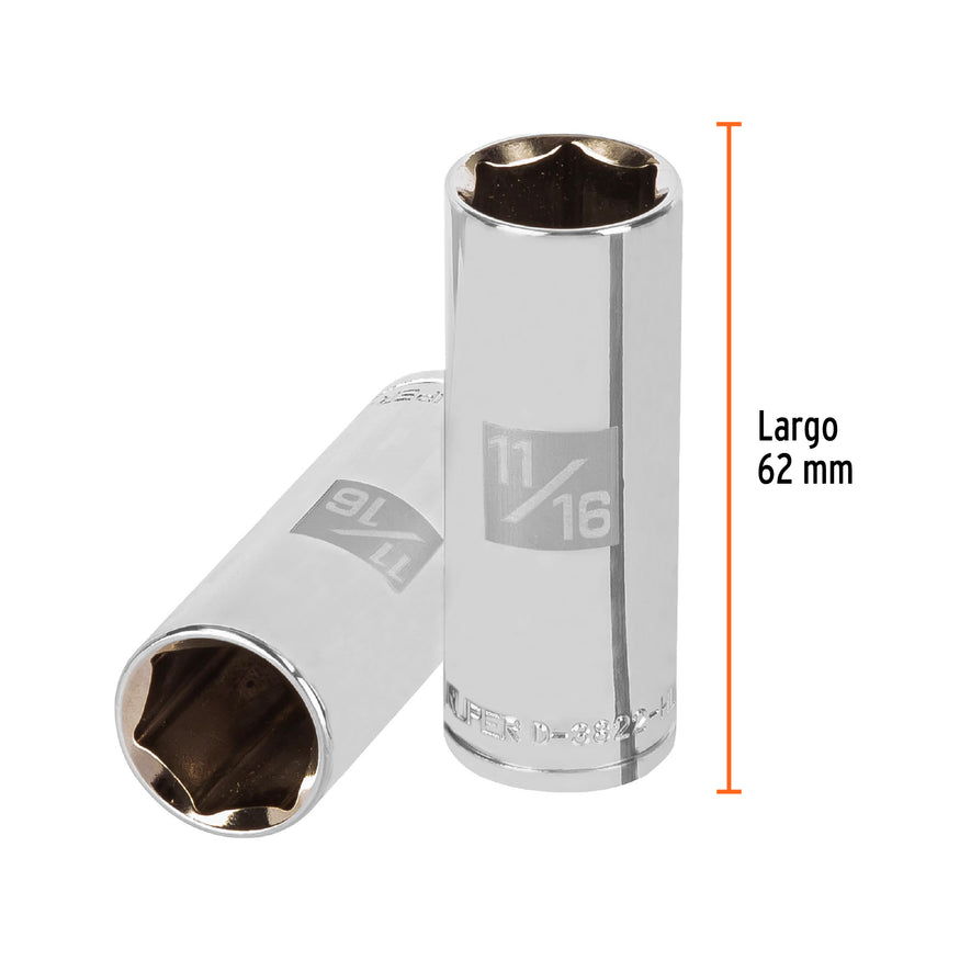 Dado largo de 11/16', 6 puntas, cuadro 3/8', Truper Caja con 6, 13717