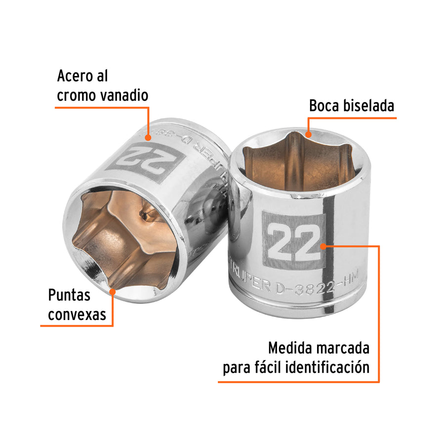 Dado de 22 mm, 6 puntas, cuadro 3/8', Truper Caja con 6, 13686