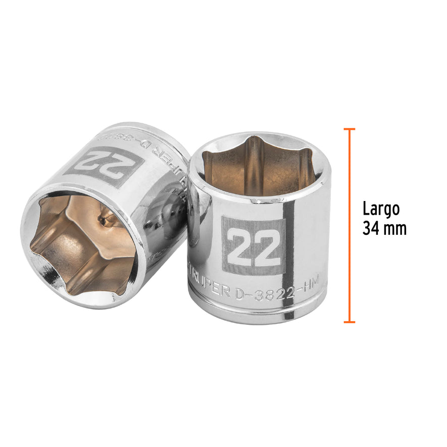 Dado de 22 mm, 6 puntas, cuadro 3/8', Truper Caja con 6, 13686