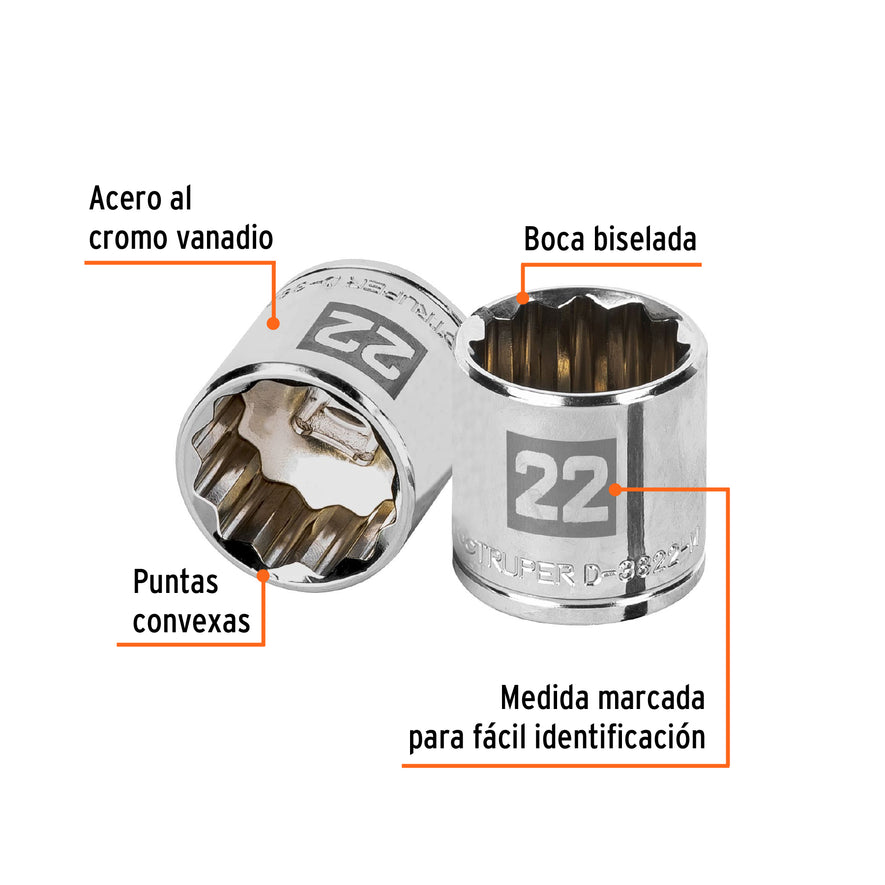 Dado de 22 mm, 12 puntas, cuadro 3/8', Truper Caja con 6, 13642