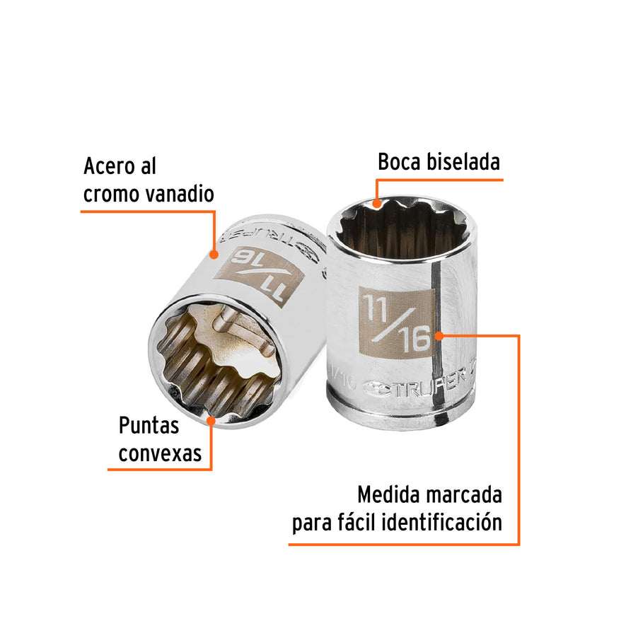 Dado de 11/16', 12 puntas, cuadro 3/8', Truper Caja con 6, 13587