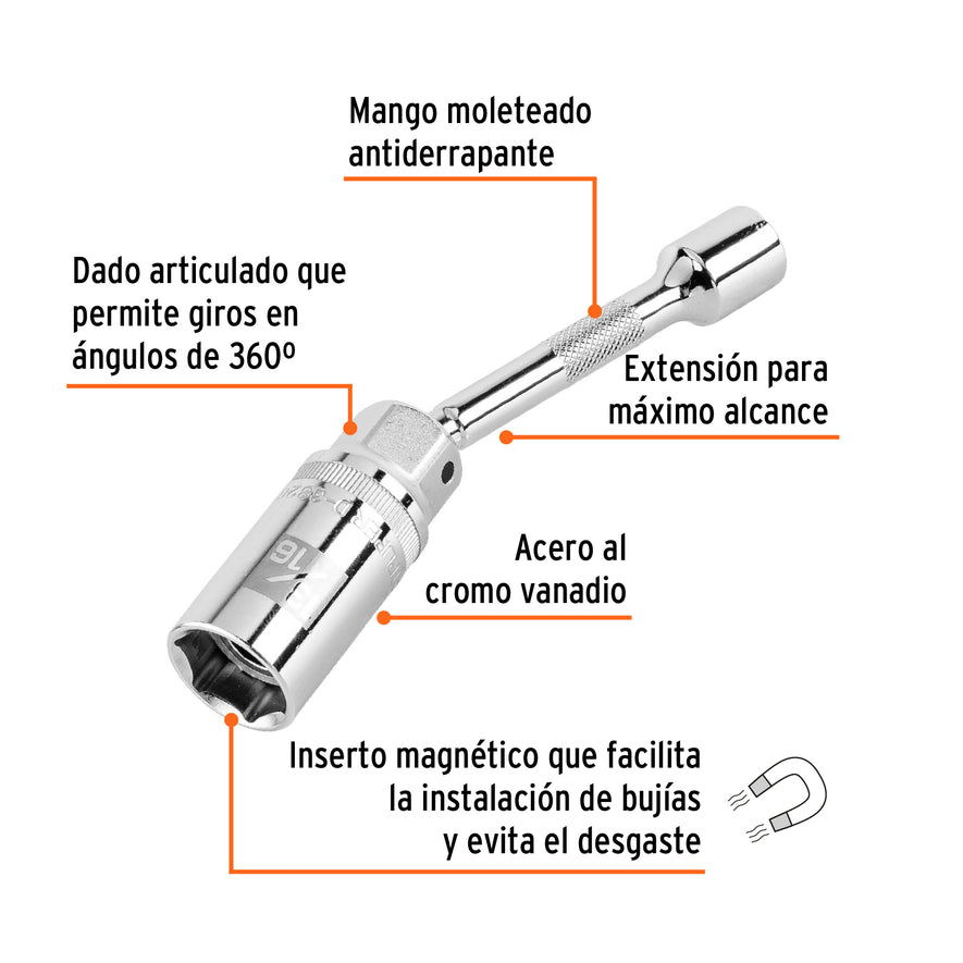 Dado p/bujías cuadro 3/8' articulado 13/16', extensión 6' Caja con 6, 16899