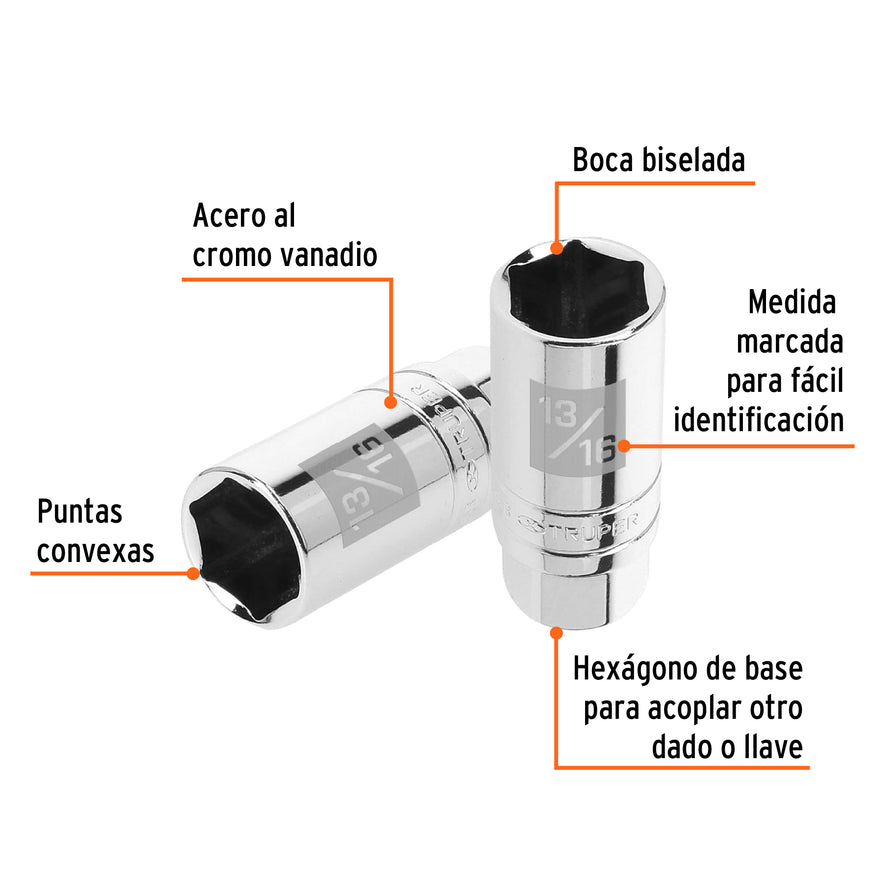 Dado para bujías de 13/16', 6 puntas, cuadro 3/8', Truper Caja con 6, 13657