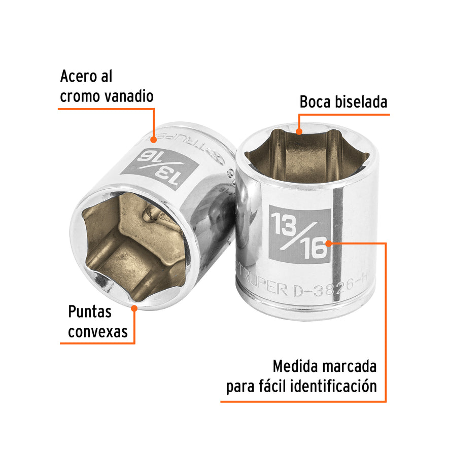 Dado de 13/16', 6 puntas, cuadro 3/8', Truper Caja con 6, 13614