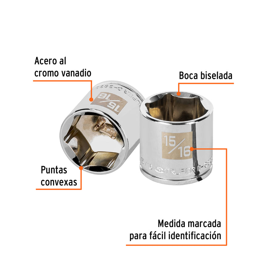 Dado de 15/16', 6 puntas, cuadro 3/8', Truper Caja con 6, 13616