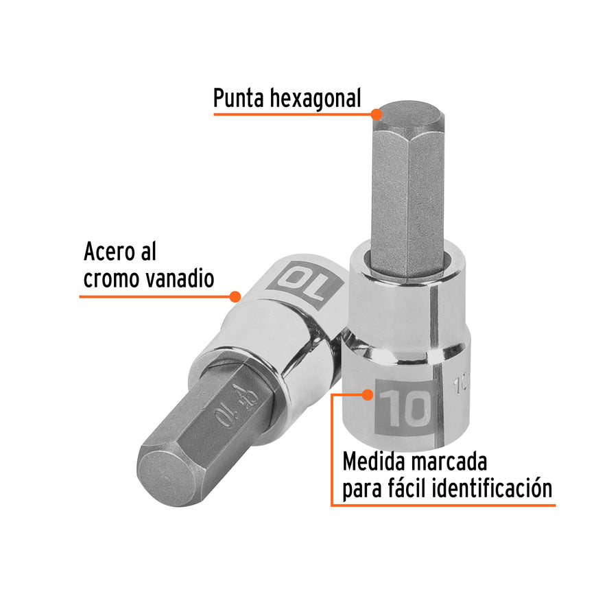 Dado punta hexagonal de 10 mm, cuadro 3/8', Truper Caja con 6, 13490