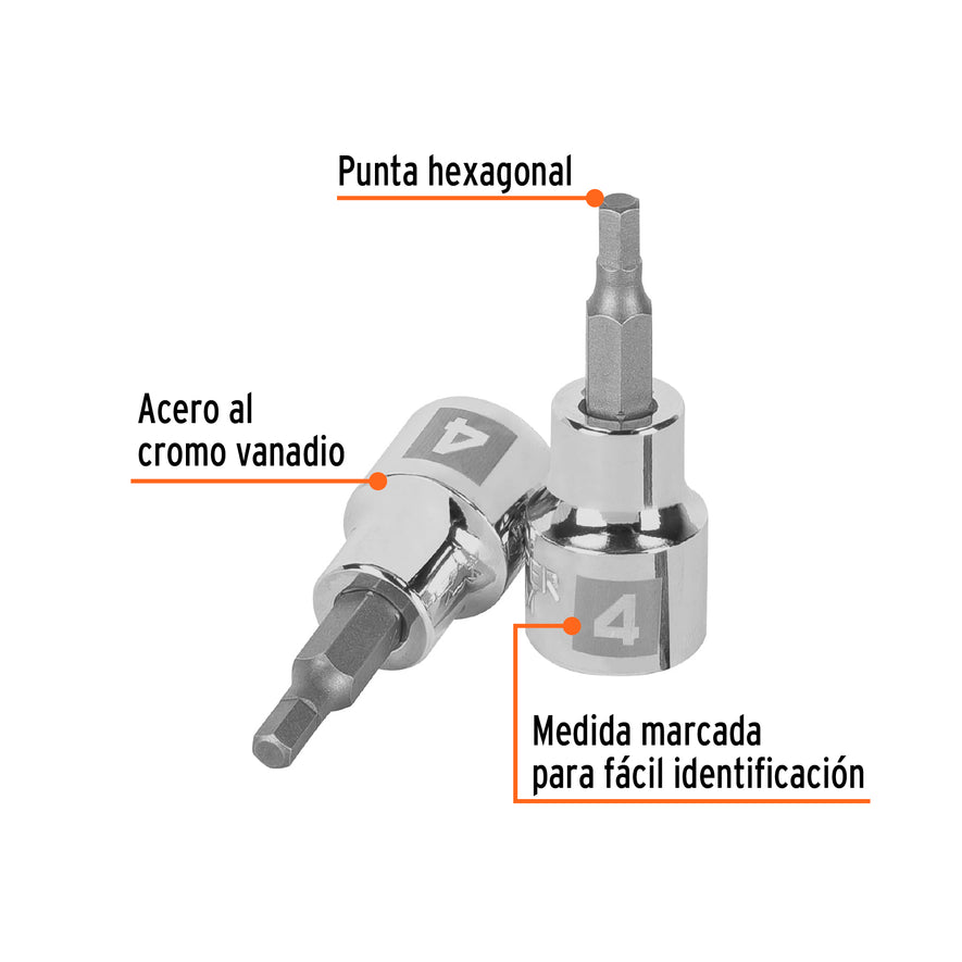 Dado punta hexagonal de 4 mm, cuadro 3/8', Truper Caja con 6, 13485