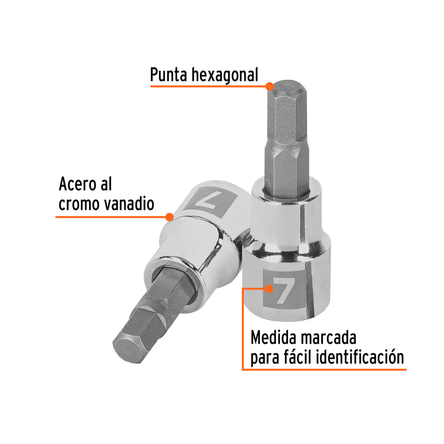 Dado punta hexagonal de 7 mm, cuadro 3/8', Truper Caja con 6, 13488