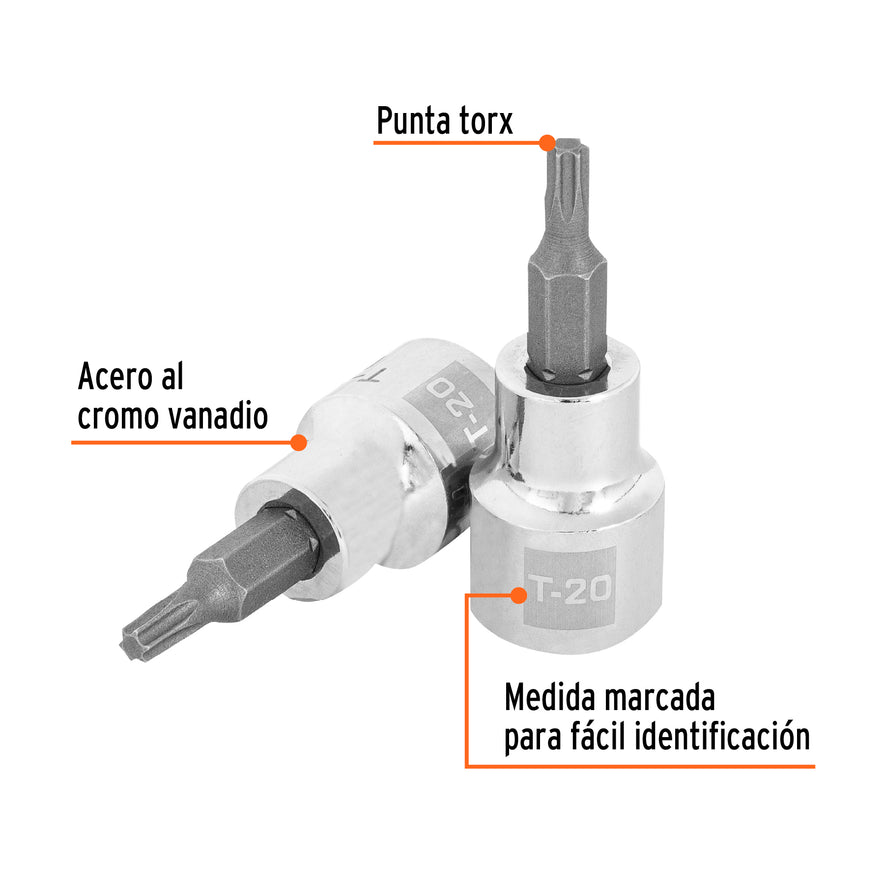 Dado punta torx T-20, cuadro 3/8', Truper Caja con 6, 13570