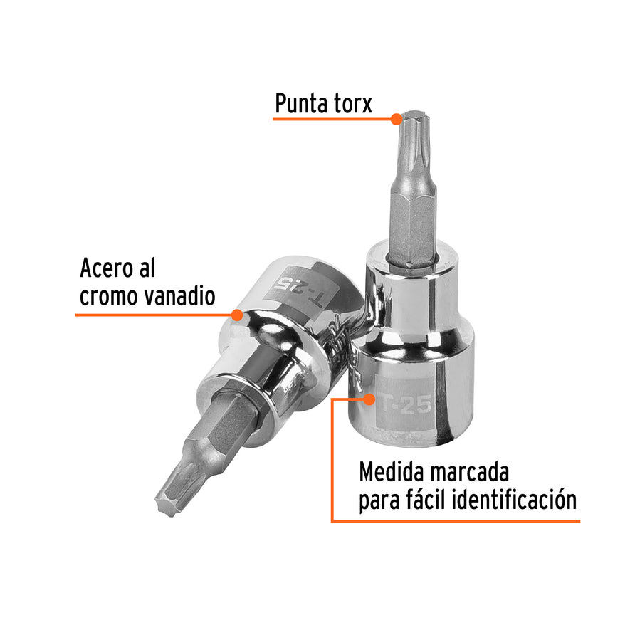 Dado punta torx T-25, cuadro 3/8', Truper Caja con 6, 13571