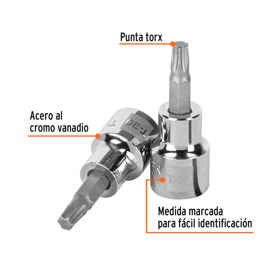 Dado punta torx T-30, cuadro 3/8', Truper Caja con 6, 13573
