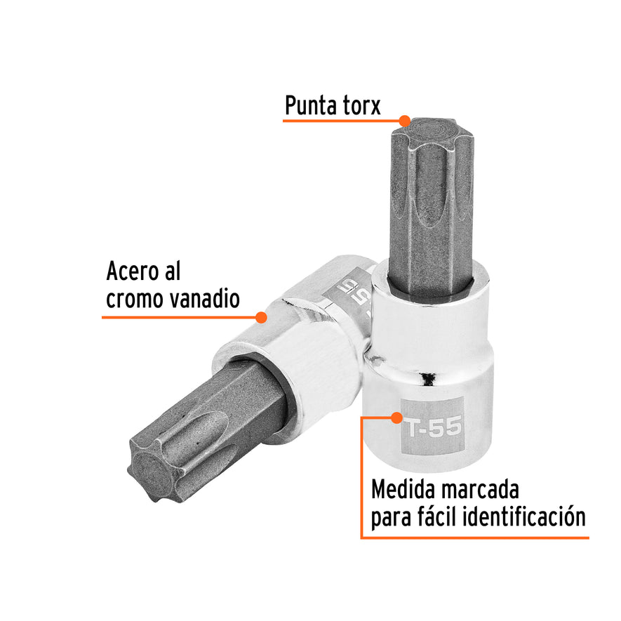 Dado punta torx T-55, cuadro 3/8', Truper Caja con 6, 13577