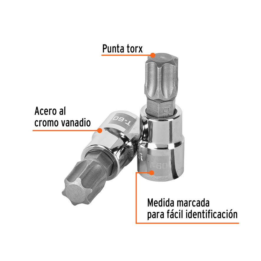 Dado punta torx T-60, cuadro 3/8', Truper Caja con 6, 13578