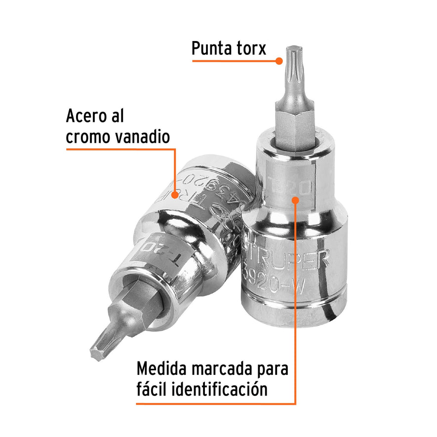 Dado punta torx T-20, cuadro 1/2', Truper Caja con 6, 13434