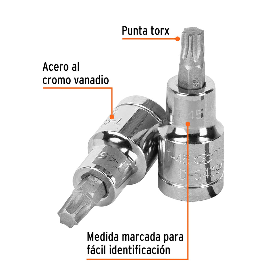 Dado punta torx T-45, cuadro 1/2', Truper Caja con 6, 13438