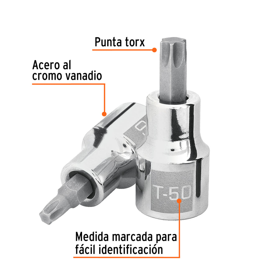Dado punta torx T-50, cuadro 1/2', Truper Caja con 6, 13439