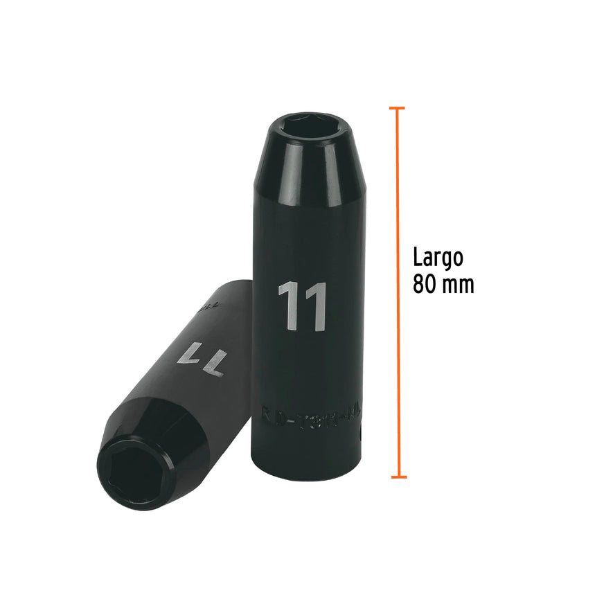 Dado largo cuadro 1/2' de impacto 6 puntas de 11 mm, Truper Caja con 6, 12423