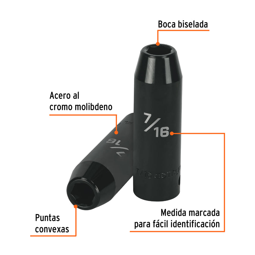 Dado largo impacto de 7/16', 6 puntas, cuadro 1/2', Truper Caja con 6, 13387
