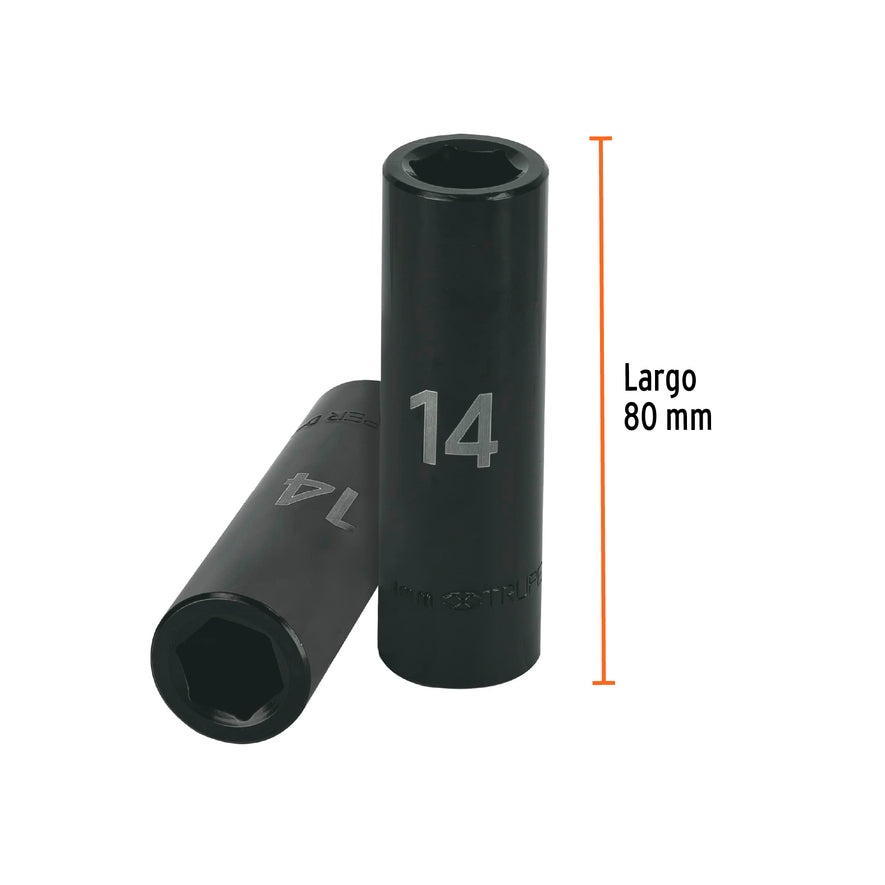 Dado largo cuadro 1/2' de impacto 6 puntas de 14 mm, Truper Caja con 6, 12426