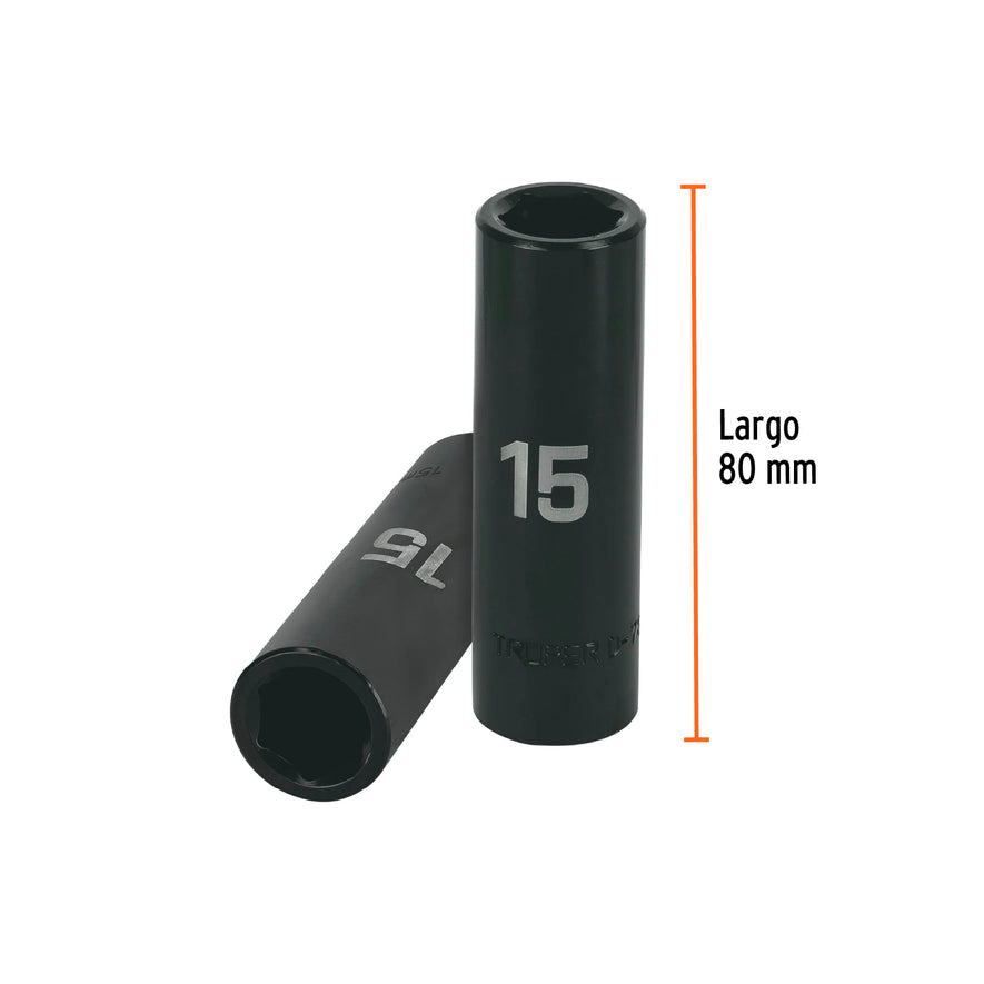 Dado largo cuadro 1/2' de impacto 6 puntas de 15 mm, Truper Caja con 6, 12427