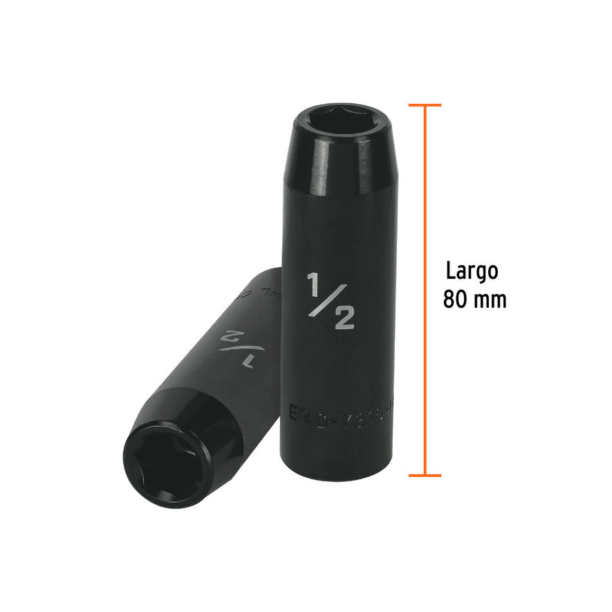 Dado largo impacto de 1/2', 6 puntas, cuadro 1/2', Truper Caja con 6, 13388
