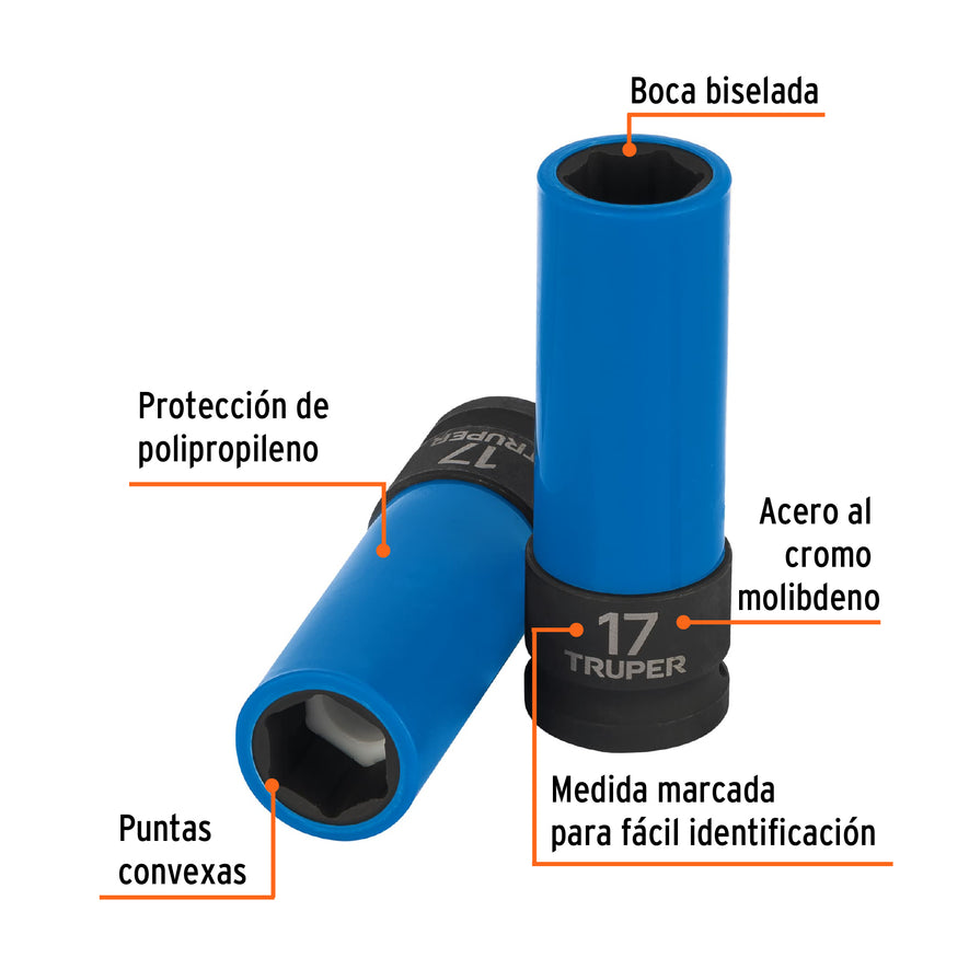 Dado largo impacto prot. plást. 17 mm, 6 puntas, cuadro 1/2' Caja con 6, 100930
