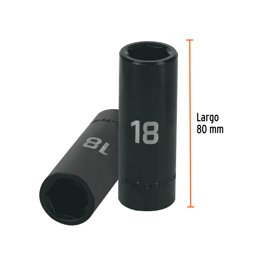 Dado largo cuadro 1/2' de impacto 6 puntas de 18 mm, Truper Caja con 6, 12430