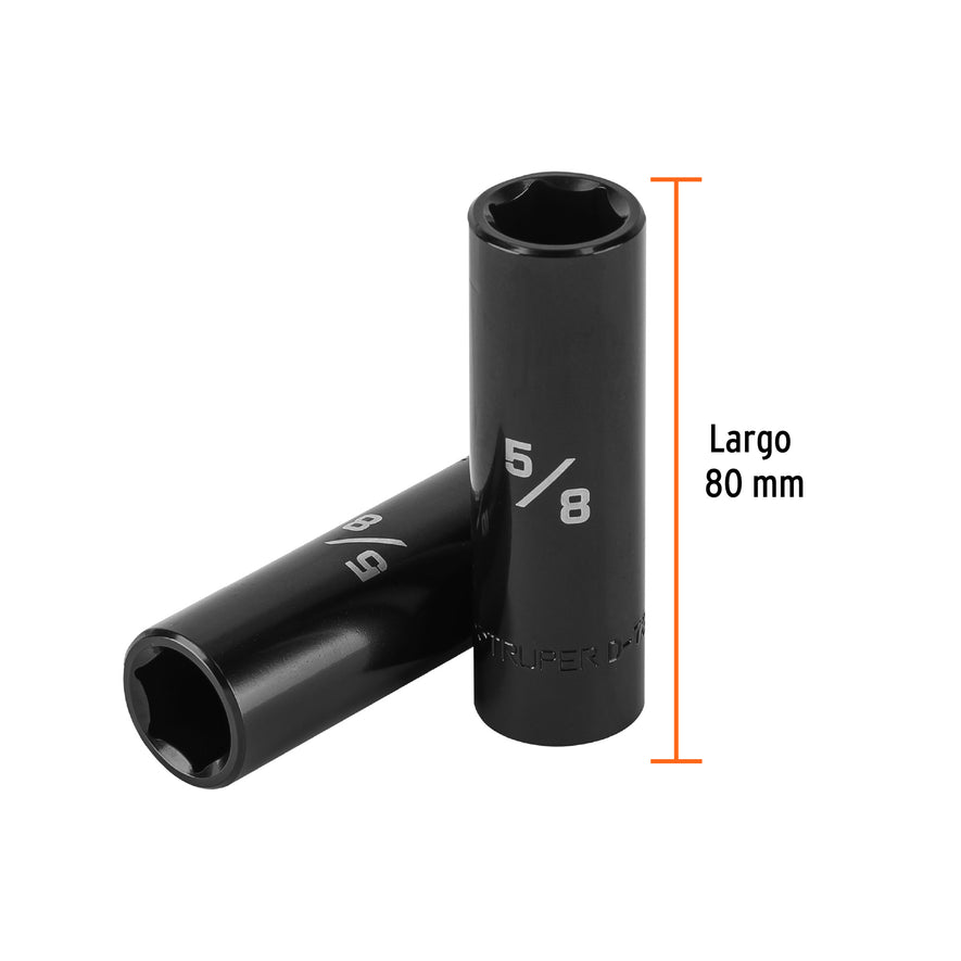 Dado largo impacto de 5/8', 6 puntas, cuadro 1/2', Truper Caja con 6, 13390