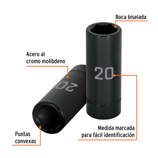 Dado largo cuadro 1/2' de impacto 6 puntas de 20 mm, Truper Caja con 6, 12432