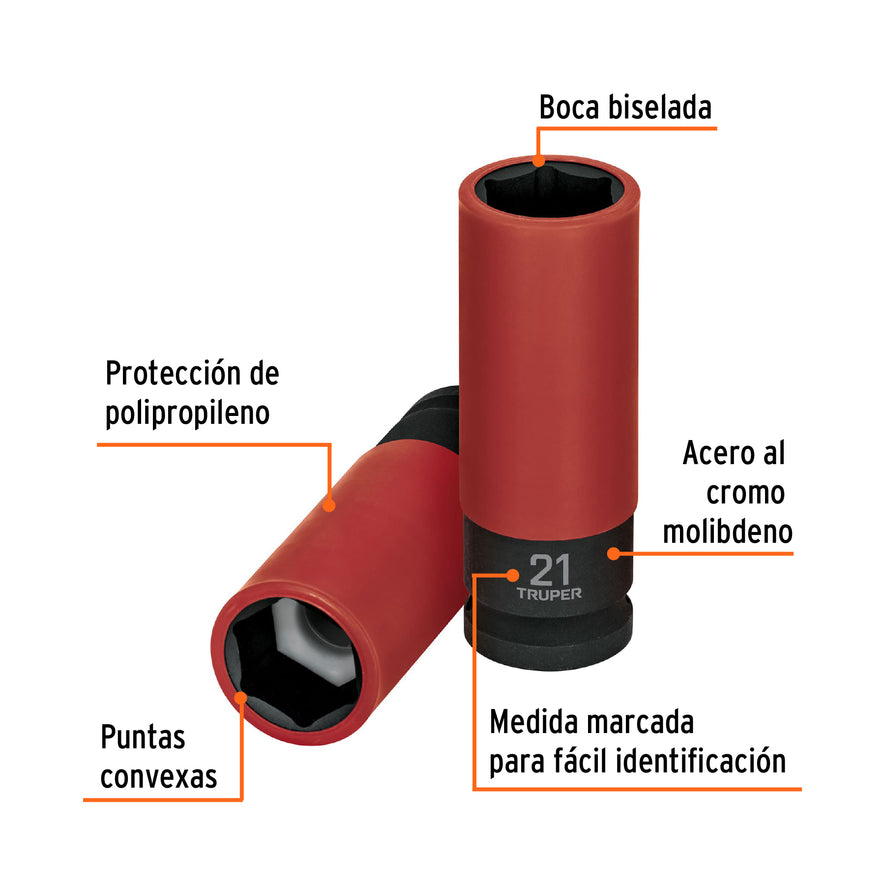 Dado largo impacto prot. plást. 21 mm, 6 puntas, cuadro 1/2' Caja con 6, 100905