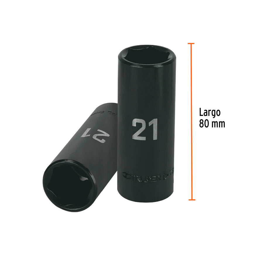 Dado largo cuadro 1/2' de impacto 6 puntas de 21 mm, Truper Caja con 6, 12433