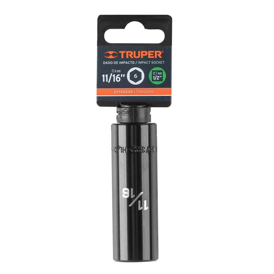 Dado largo impacto de 11/16', 6 puntas, cuadro 1/2', Truper Caja con 6, 13391