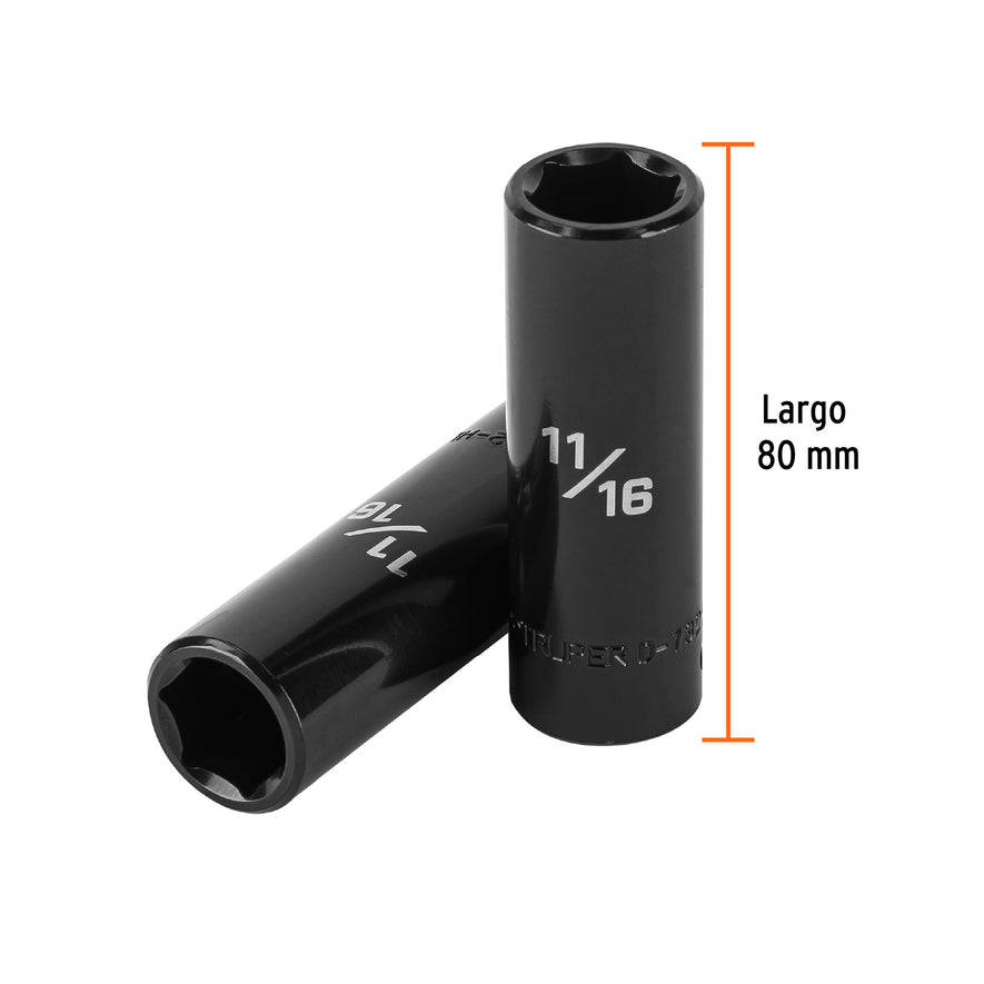 Dado largo impacto de 11/16', 6 puntas, cuadro 1/2', Truper Caja con 6, 13391