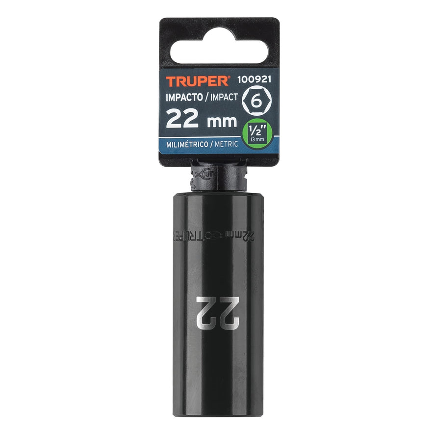 Dado largo impacto de 22 mm, 6 puntas, cuadro 1/2', Truper Caja con 6, 100921