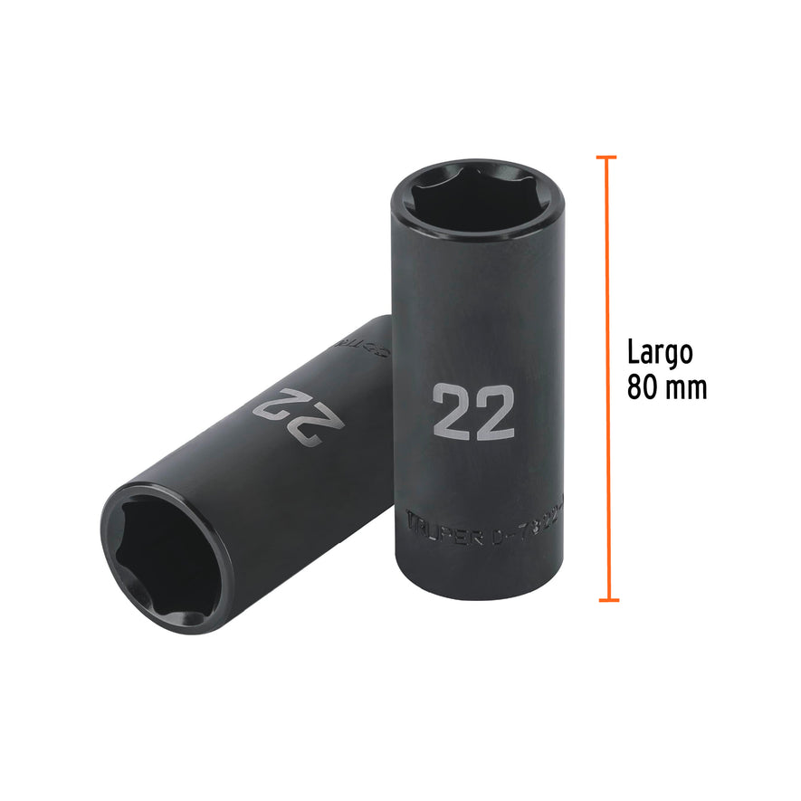 Dado largo impacto de 22 mm, 6 puntas, cuadro 1/2', Truper Caja con 6, 100921