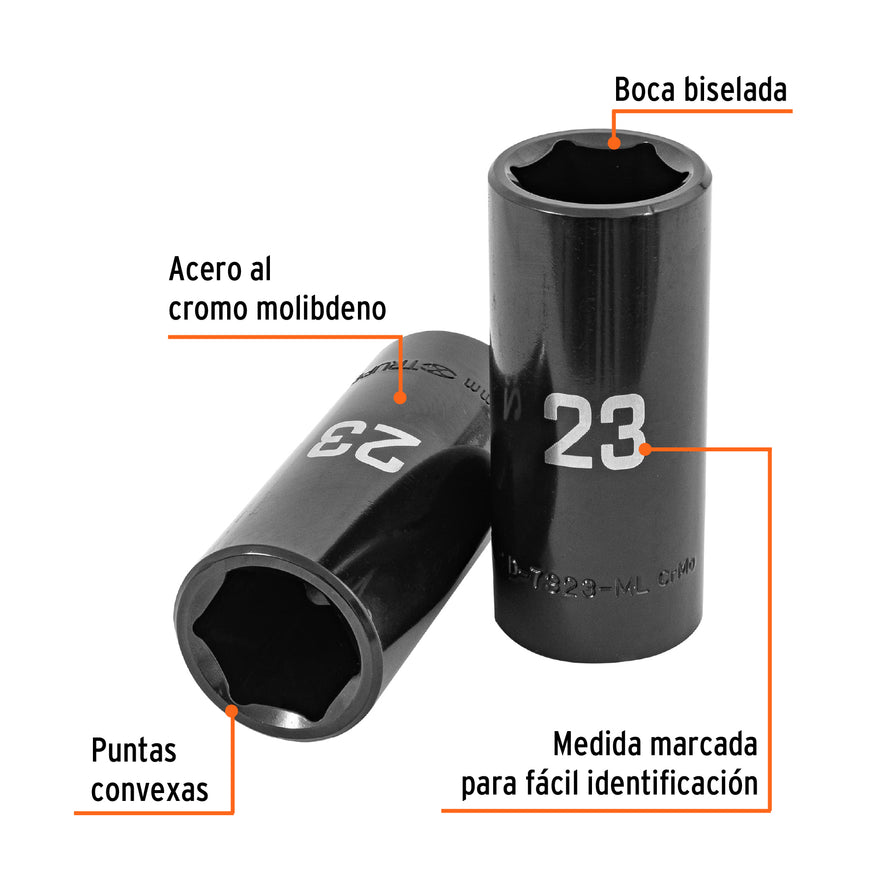 Dado largo impacto de 23 mm, 6 puntas, cuadro 1/2', Truper Caja con 6, 100922